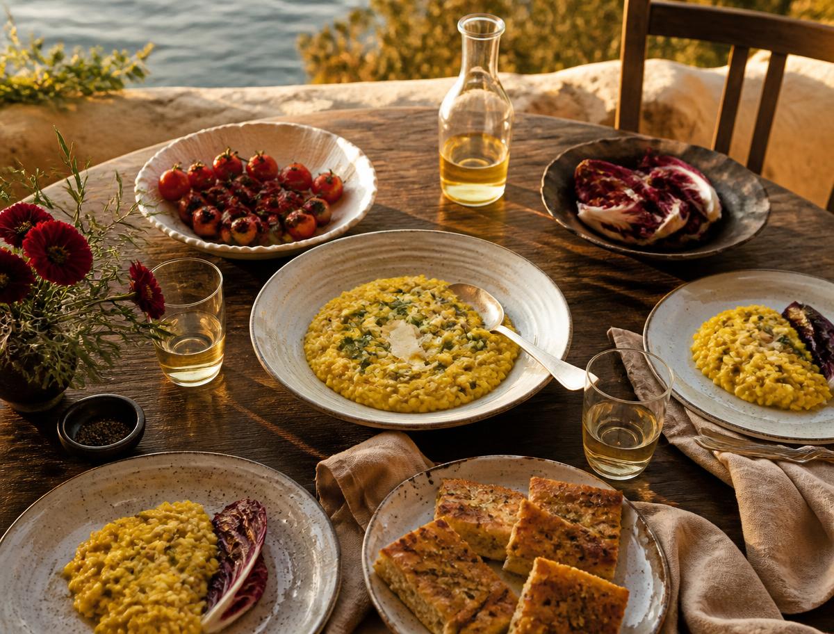 Mediterranean dinner served on a sunlit terrace